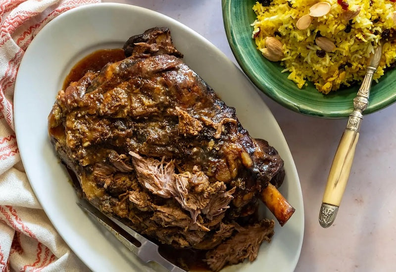 Spice-honey lamb shoulder with jewelled rice